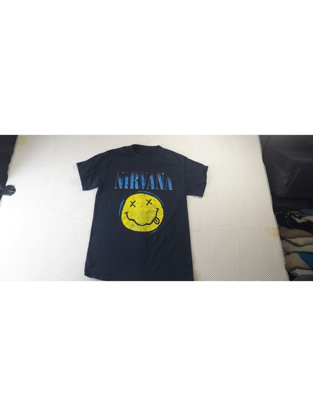 Nirvana Band Logo Black T-Shirt with Yellow Smiley Face Graphic - Small